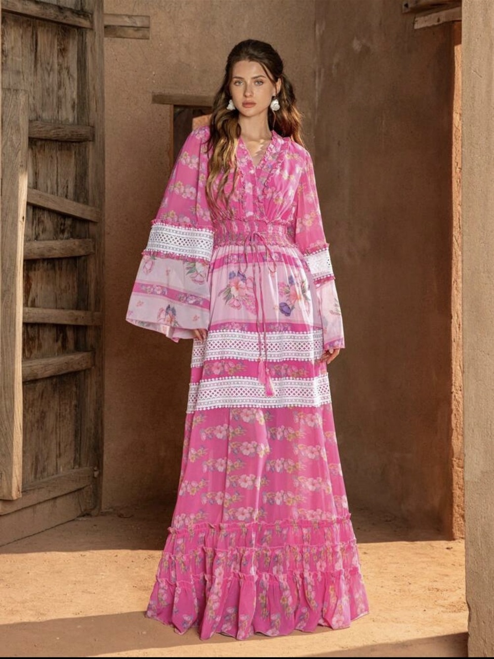 Bohemian Pink Floral Maxi Dress with Lace Trim